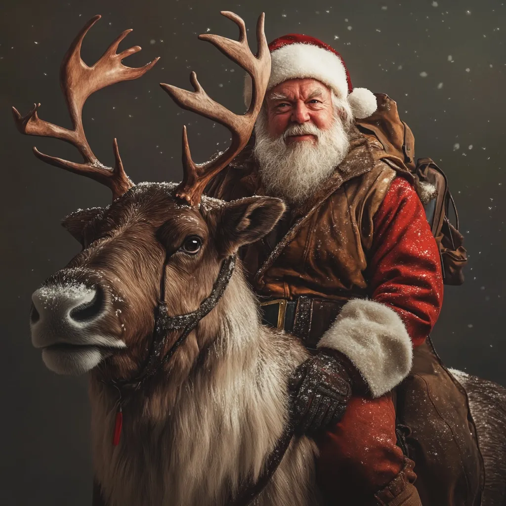 Here's a description of the image:

A rugged Santa Claus, adorned in a traditional red suit with a brown leather jacket and backpack, sits astride a reindeer against a dark, moody background.  Snow lightly dusts both Santa and the reindeer's fur. Santa's expression is serious and weathered, conveying a sense of seasoned experience. The reindeer, with large antlers, appears calm and sturdy, its gaze directed slightly away. The overall atmosphere is one of adventurous Christmas spirit, moving beyond the typical jolly imagery.