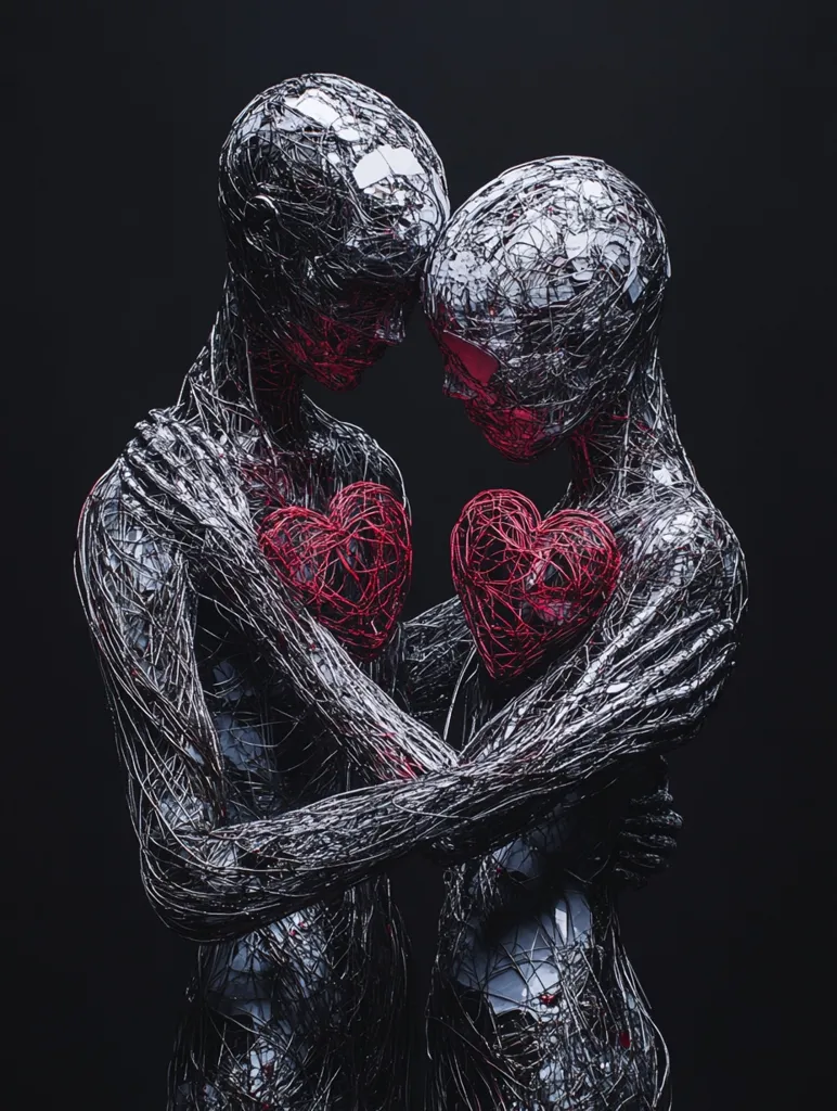 Here's a description of the image:

The image shows two intertwined, metallic figures, appearing humanoid but with a skeletal, wire-like structure.  Their bodies are a dark, gunmetal grey, with a network of thin wires forming a complex, almost organic texture.  Each figure holds a glowing, crimson heart over their chest. They are embraced in a close, tender hug, their heads tilted towards each other, suggesting intimacy and connection. The background is a stark, dark backdrop that accentuates the figures' metallic sheen and the vibrant red of the hearts. The overall mood is one of ethereal romance and a blend of the mechanical and the emotional.