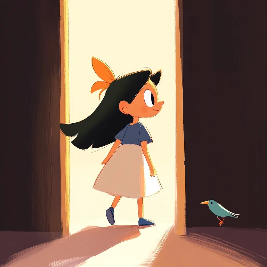 Here is a description of the image:

The illustration depicts a young girl with long, dark hair and an orange hair accessory, stepping into a bright doorway.  She wears a light beige skirt and a short-sleeved blue top.  Her expression is cheerful and curious as she walks towards a sunlit space. A small teal bird is perched near the doorway's edge on the opposite side. The style is whimsical and cartoonish, with soft brushstrokes and warm, sunny colors dominating the scene. The overall mood is one of optimism and gentle adventure.