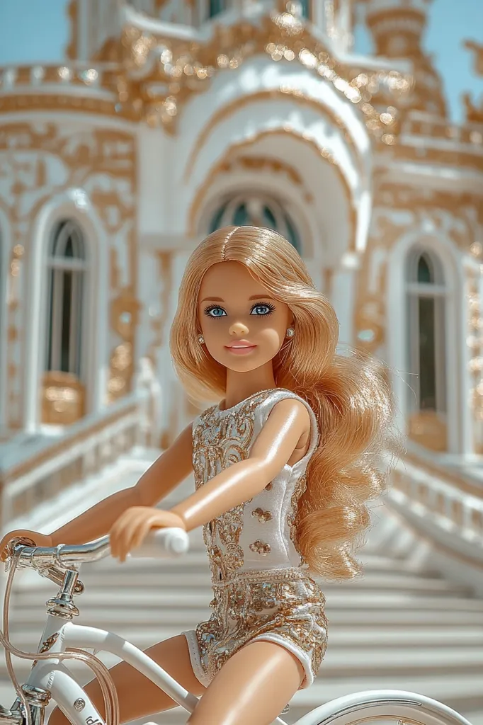 A Barbie doll, with long blonde hair and blue eyes, sits on a white bicycle. She wears a glittering white and gold jumpsuit. The backdrop is a grand, ornate, gold and white building with a large staircase, suggesting a palace or stately home.  The overall aesthetic is luxurious and elegant, creating a whimsical scene. The bright sunlight adds to the image's cheerful and fairytale-like atmosphere.