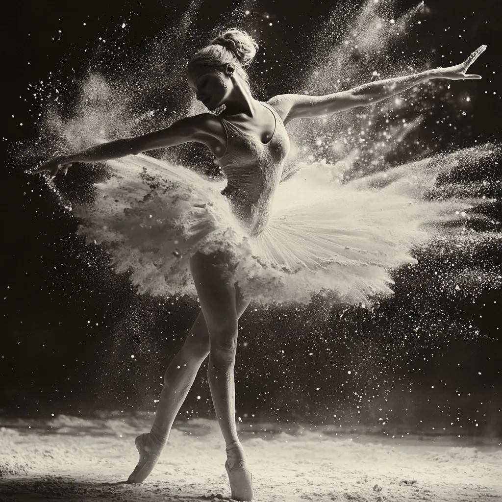 A ballerina, captured in a breathtaking monochrome photograph, leaps gracefully amidst a cloud of powder.  Her white tutu billows around her as she extends her arms, creating a dramatic, ethereal effect against the dark background. The powder explodes in a mesmerizing spray, highlighting the dancer's elegant form and the fluidity of her movement. The image is a powerful blend of artistry and motion.