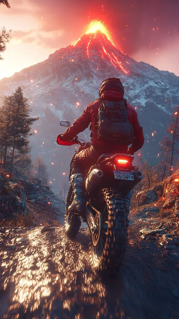 A motorcyclist rides away from a violently erupting volcano.  The rider, wearing a red jacket and backpack, is on a dirt bike, traversing a muddy track. The background showcases a majestic, snow-capped mountain with lava flowing down its slopes, embers raining down like fiery rain. The scene is dramatic, with a fiery sunset illuminating the landscape. The overall mood is one of adventure and escape, a perilous yet thrilling journey.