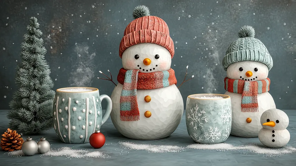 Here's a description of the image:

A charming winter scene depicts two intricately carved snowmen, each wearing a knitted hat and scarf, flanking steaming mugs of hot cocoa.  A miniature Christmas tree sits to the left, alongside small ornaments.  A tiny snowman is positioned near the right-hand mug.  The background is a dark teal, speckled with simulated snowflakes, creating a cozy, festive atmosphere. The snowmen and mugs have a rustic, textured appearance, adding to the overall whimsical charm. The scene is sprinkled with a dusting of artificial snow, enhancing the winter wonderland feel.