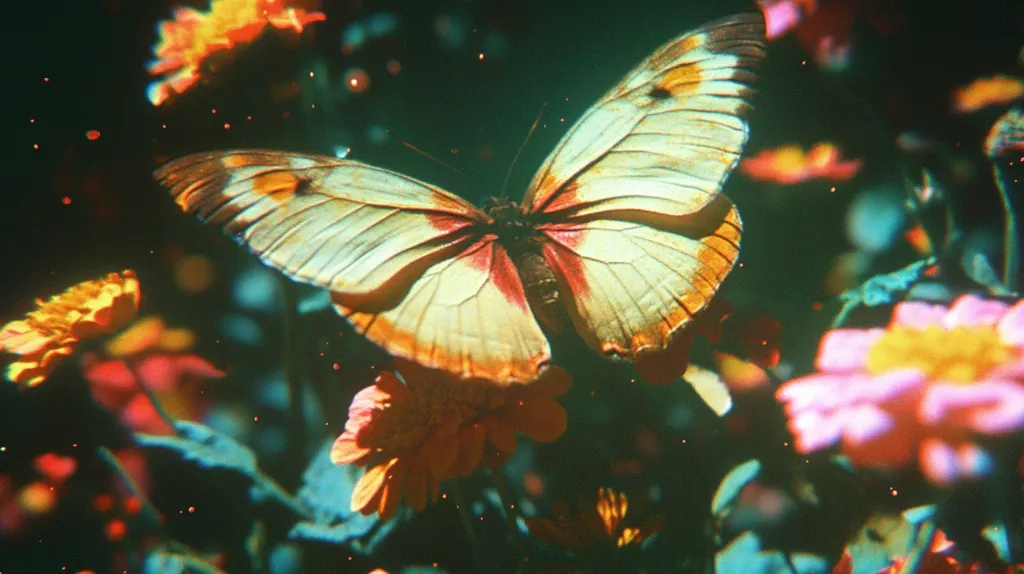 A large, vibrant butterfly with creamy-white wings edged in warm orange and reddish-brown accents takes center stage.  It hovers delicately above a cluster of orange and pink flowers. The background is a deep teal, blurred to emphasize the butterfly and blossoms.  Tiny, sparkling lights pepper the image, creating a magical, almost surreal atmosphere within a lush garden setting. The overall aesthetic is dreamlike and colorful.