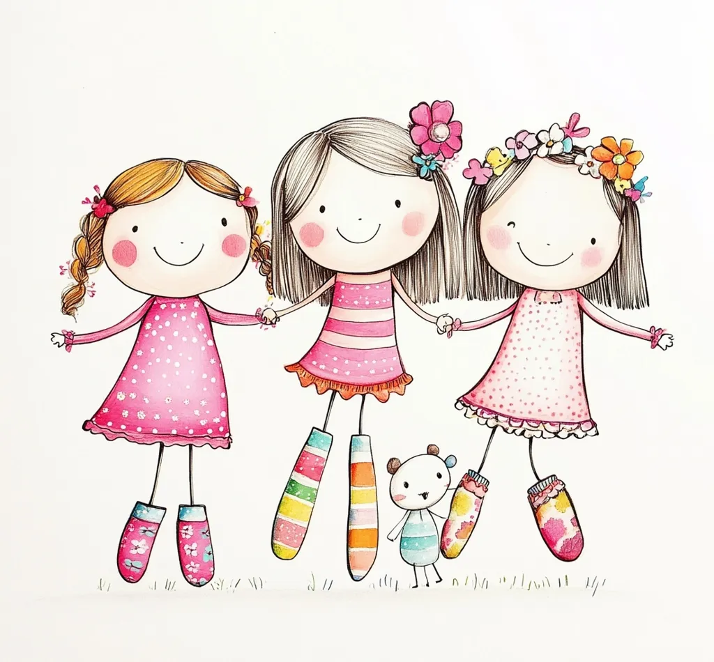 Here's a description of the image:

The illustration depicts three joyfully smiling girls, holding hands, with a small stuffed animal between them.  They are drawn in a whimsical style with simple features and brightly colored clothing. Each girl wears a pink dress; two are adorned with polka dots and one with pink and white stripes. Their socks are vividly striped and patterned.  One girl wears a flower crown, another a single flower on her hair, and the third small flowers in her braids. The overall impression is one of cheerful friendship and innocence.