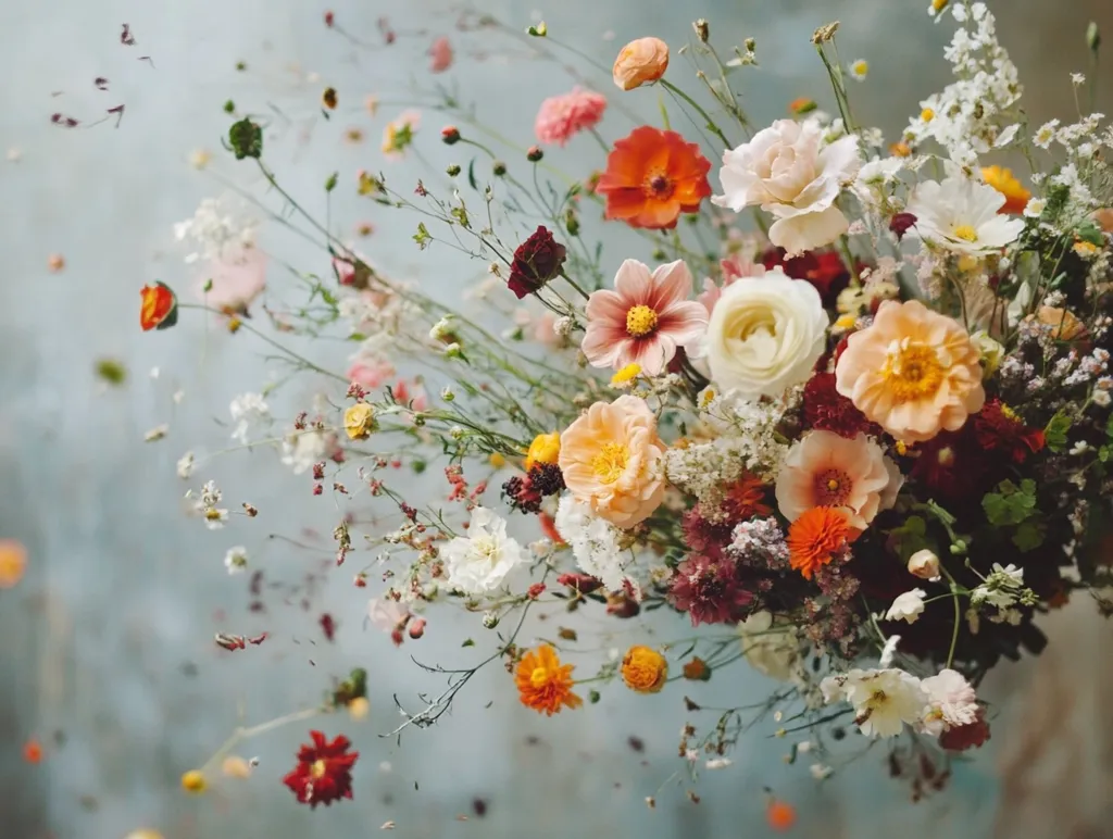 A vibrant, loosely arranged bouquet explodes with a profusion of wildflowers.  Warm-toned blooms in oranges, reds, and peaches are interspersed with creamy whites and delicate hints of burgundy.  Various textures and heights create a sense of movement and spontaneity.  Petals and seed heads seem to float in the air, enhancing the ethereal quality of the image against a muted blue-gray backdrop.  The overall effect is one of joyful, natural beauty.