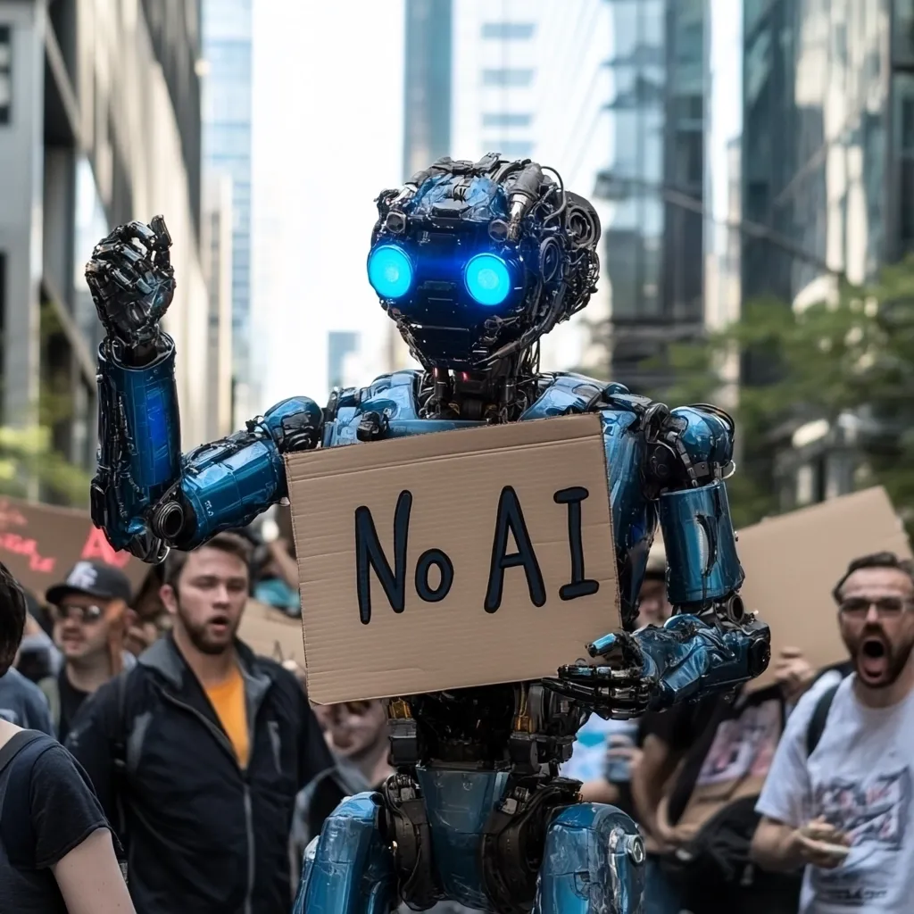 A metallic blue robot, its head illuminated by bright blue lights, stands at the center of a protest.  It holds a cardboard sign reading "No AI," its fist raised in a gesture of defiance.  The robot is surrounded by a crowd of people, some appearing surprised or angry, suggesting a demonstration against artificial intelligence.  The urban backdrop hints at a futuristic setting. The image creates a compelling visual narrative about AI's impact on society.