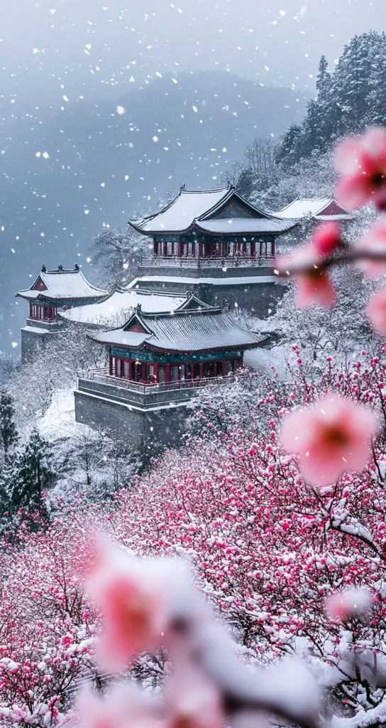 A breathtaking winter scene unfolds, showcasing traditional Chinese architecture nestled amidst a snow-dusted landscape.  Snow falls gently on three tiered buildings, their grey stone walls and red accents contrasting sharply with the pristine white. In the foreground, vibrant pink plum blossoms bravely bloom, their delicate petals dusted with snow, creating a stunning juxtaposition of winter's chill and spring's promise.  The mountainous backdrop adds depth and serenity to this picturesque tableau.