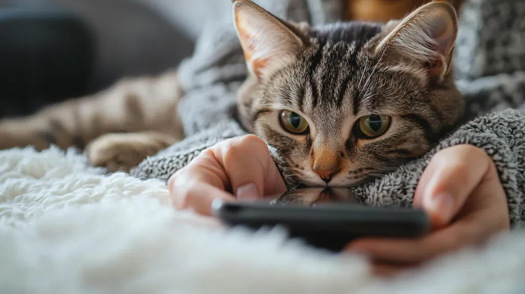 A tabby cat rests its head on a person's lap,  its gaze fixed on a smartphone held in their hands. The person is wearing a grey knitted sweater, and both are nestled on a fluffy white blanket. The scene is intimate and cozy, suggesting a relaxing moment of shared time between human and pet. The cat's attentive expression adds a touch of curiosity to the quiet scene.