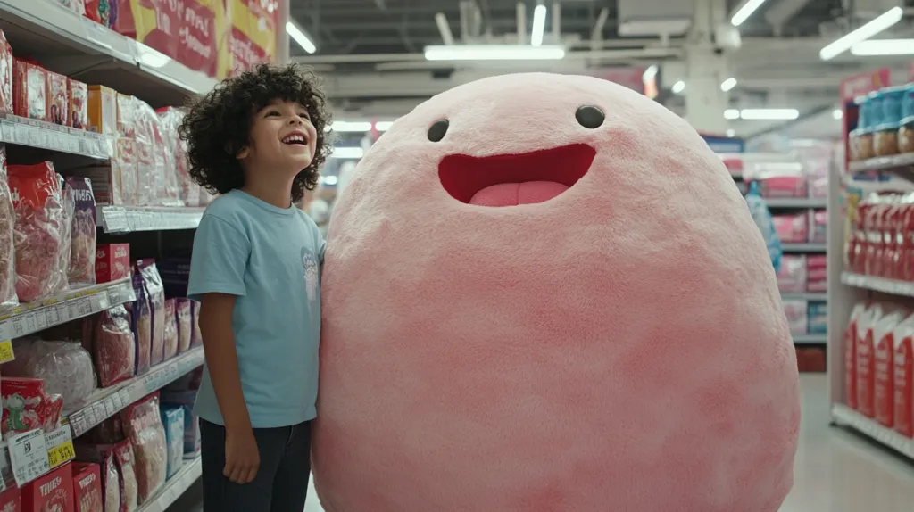 A young boy with curly brown hair stands in a brightly lit grocery store, smiling up at a giant, plush pink creature beside him. The creature resembles a large, friendly marshmallow or cotton candy, with a wide, happy mouth.  The shelves behind them are stocked with various packaged goods. The overall scene is cheerful and whimsical, suggesting a commercial or film still.