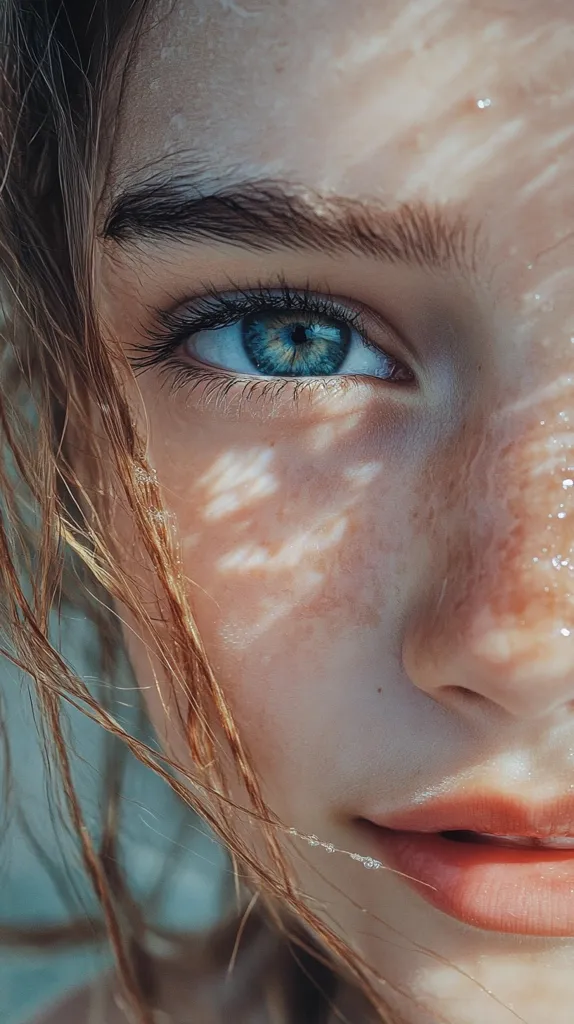 Here's a description of the image:

Close-up view of a young woman's face, partially obscured by wet, light brown hair.  Her striking blue eye is in sharp focus, complemented by naturally-shaped eyebrows.  Sunlight filters through her hair, casting dappled shadows on her skin, which is lightly freckled and appears dewy. A subtle smile plays on her lips, which are full and a soft, natural pink. The overall impression is one of natural beauty and serenity.