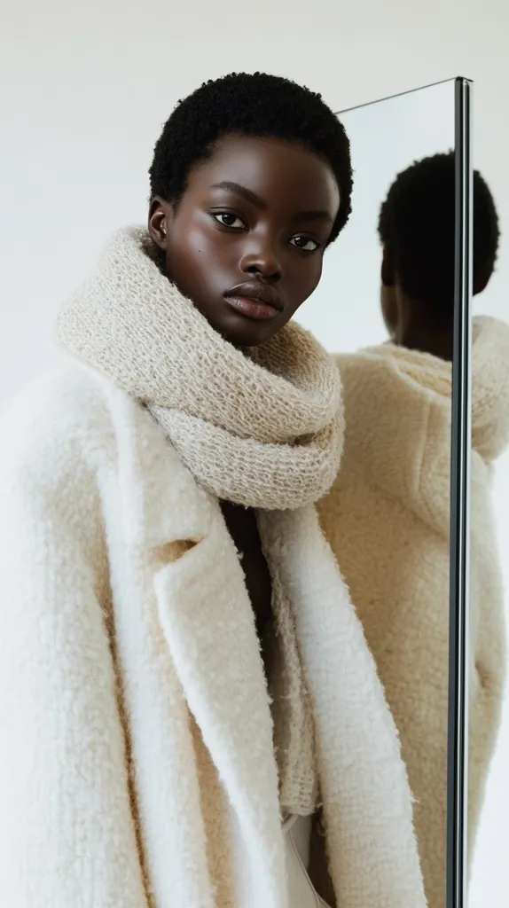 A young Black woman with short, dark hair stands before a mirror, wearing a creamy white, fluffy coat and a matching chunky knit scarf.  Her expression is serious and direct, her gaze engaging the viewer. The mirror reflects her outfit and posture, creating a symmetrical image. The overall tone is minimalist and chic, emphasizing texture and neutral colors.