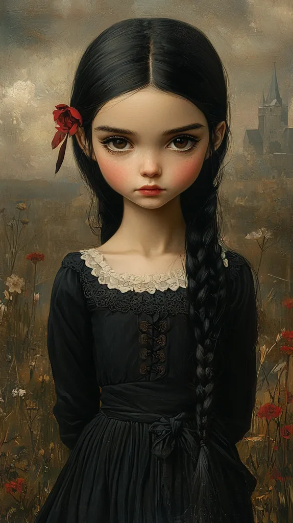 The painting depicts a young girl with dark hair styled in a long braid, adorned with a single red flower. She is wearing a dark dress with a lace neckline and a tied waist.  Her expression is serious and her large eyes are striking.  The background is a muted landscape with wildflowers and a distant church, suggesting a rural setting.  The overall style is reminiscent of Pre-Raphaelite art, with a focus on detail and a somewhat melancholic mood.