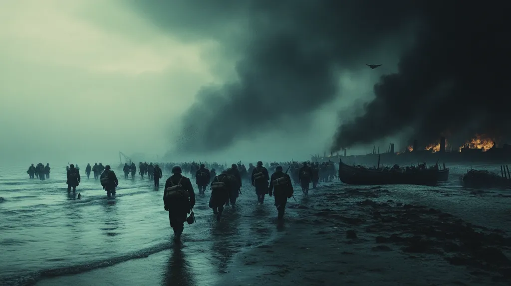 A large group of soldiers walk along a dark, somber beach, their silhouettes stark against the ominous sky.  A burning city is visible in the distance, shrouded in thick, dark smoke.  The scene is bleak and evocative of war, with a lone plane visible in the smoke-filled sky.  The soldiers are wading through shallow water, their destination unclear, but the atmosphere speaks volumes about the devastation and hardship they face. The overall tone is one of despair and grim determination.