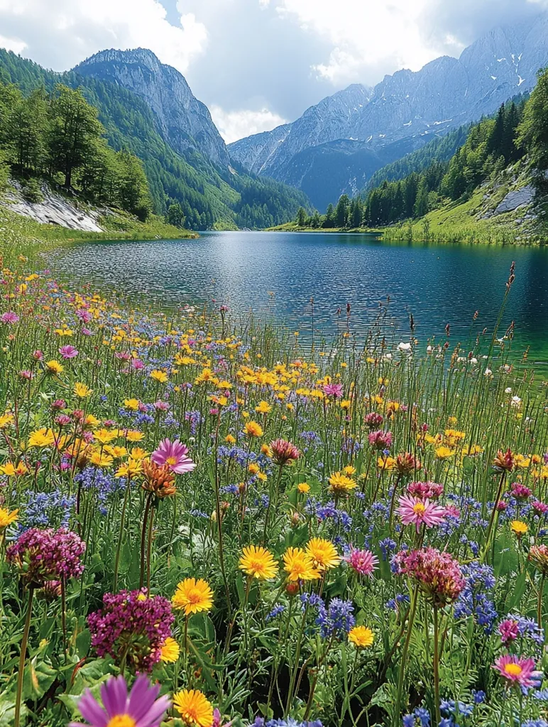 A serene alpine lake reflects the majestic mountains surrounding it.  Lush green slopes, dotted with dark evergreen trees, rise to meet the rocky peaks. The foreground is a vibrant tapestry of wildflowers in a profusion of colors—yellows, purples, pinks, and blues—creating a stunning contrast against the tranquil blue water and imposing mountains. The scene exudes peace and natural beauty.