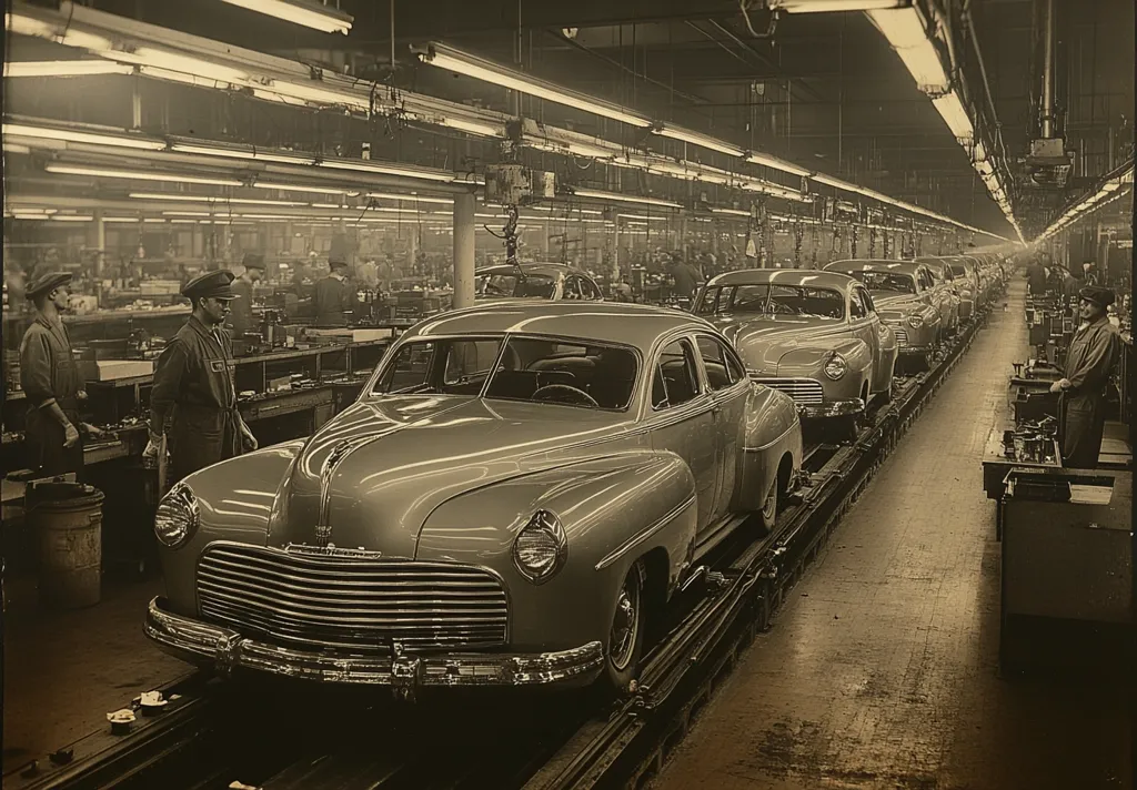 A sepia-toned photograph captures a bustling automobile assembly line.  Rows of classic cars, likely from the mid-20th century, slowly move along the track, under bright fluorescent lights.  Workers in overalls are visible at various stations, performing tasks related to the car's construction.  The image conveys the industrial scale and efficiency of mass production in a bygone era. The overall atmosphere is one of organized chaos and focused productivity within a large factory setting.