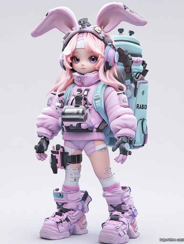 Here's a description of the image:

The image shows a 3D render of a cute, anime-style female character. She's dressed in a pastel pink and light blue outfit,  complete with bunny ears, bulky boots, and a large backpack labeled "RABID."  Her attire suggests a futuristic or cyberpunk aesthetic.  The character's expression is soft, and her large eyes and small features are characteristic of anime styling.  She's heavily accessorized with pouches and technological elements, giving an impression of a technologically advanced, yet endearing, adventurer or explorer. The overall style is a blend of cuteness and futuristic dystopia.