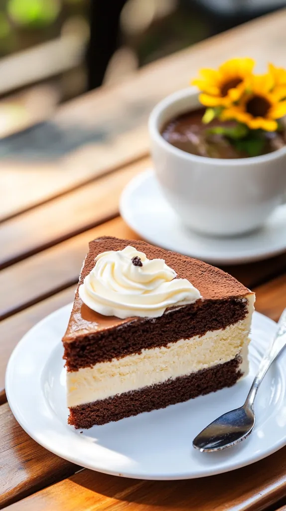 A delectable slice of chocolate layer cake, topped with a swirl of whipped cream and dusted with cocoa powder, sits on a white plate.  A cup of dark-colored beverage, possibly hot chocolate, is visible in the background, adorned with a small sunflower.  The setting appears to be an outdoor cafe, with a warm, wooden table and blurred greenery in the distance. A silver spoon rests elegantly on the plate beside the cake. The overall image evokes a sense of relaxed indulgence.