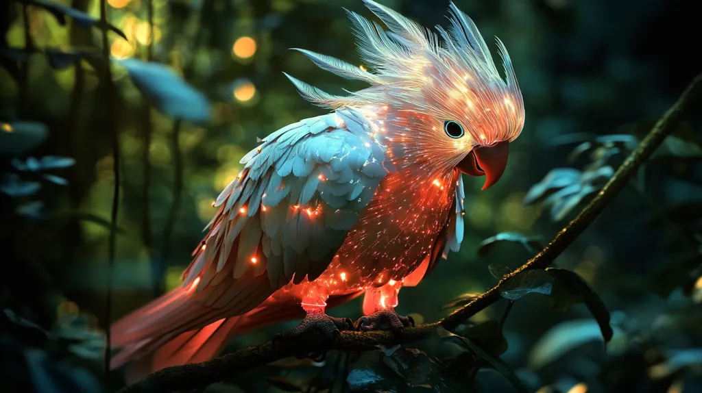 Here is a description of the image:

The image showcases a digitally created parrot, perched on a branch within a lush, dark forest.  Its plumage is predominantly light blue and white, but glows with internal, fiery orange and red light, creating a mystical effect.  The feathers are detailed, appearing almost fiber-optic in their luminescence.  The background is blurred, suggesting depth, with hints of bokeh from out-of-focus lights, enhancing the fantastical atmosphere.  The overall impression is one of magic and otherworldliness.
