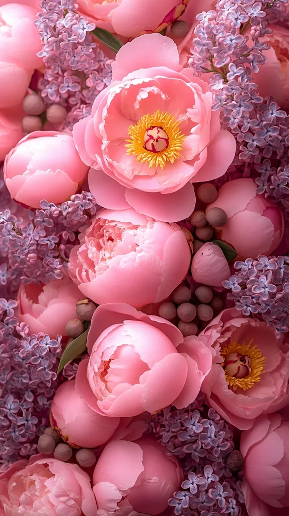 A close-up shot reveals a vibrant bouquet of pale pink peonies and delicate purple lilac blossoms.  The peonies, fully bloomed and tightly clustered, showcase their soft petals and golden centers.  Interspersed throughout are sprigs of lilac, their tiny flowers adding a contrasting texture and color to the overall composition.  The image's focus is on the beauty and texture of the flowers, creating a feeling of lush abundance and romantic softness.