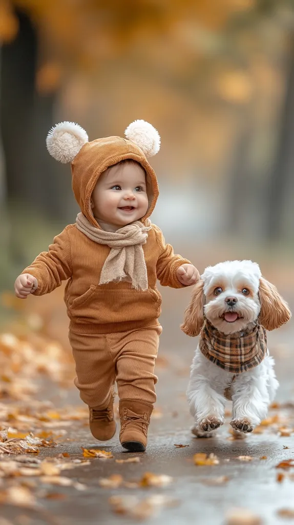 A toddler in a brown corduroy hooded jumpsuit and cream-colored scarf joyfully runs down a path strewn with autumn leaves.  The child, wearing adorable pom-pom-topped earmuffs, is accompanied by a fluffy white dog, also sporting a plaid scarf.  Both are captured mid-stride, conveying a sense of playful energy against the blurred, warm-toned background of the fall foliage.  The overall scene is charming and heartwarming.