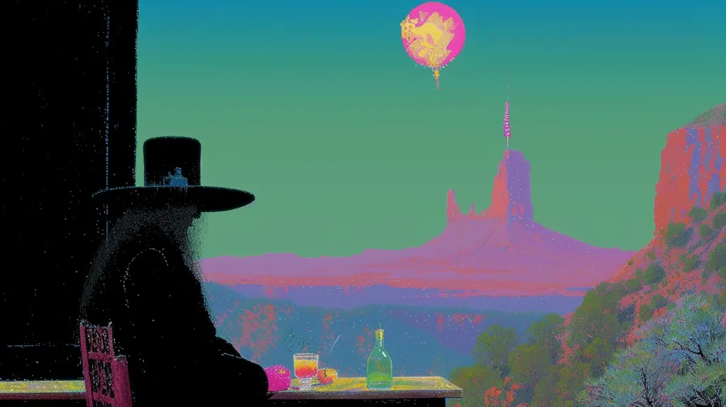 Here's a description of the image:

The artwork presents a surreal, almost dreamlike landscape. A silhouetted figure, wearing a wide-brimmed hat, sits at a table overlooking a vibrant, otherworldly vista.  The scene is dominated by intense, unnatural colors – purples, pinks, and greens – creating a striking contrast. In the distance, stylized rock formations, reminiscent of Monument Valley, rise against an unusually colored sky. A hot air balloon floats in the sky above. The overall effect is one of mystery and serene contemplation, enhanced by the stark contrast between the dark figure and the vivid backdrop.  The image appears digitally altered or stylized.