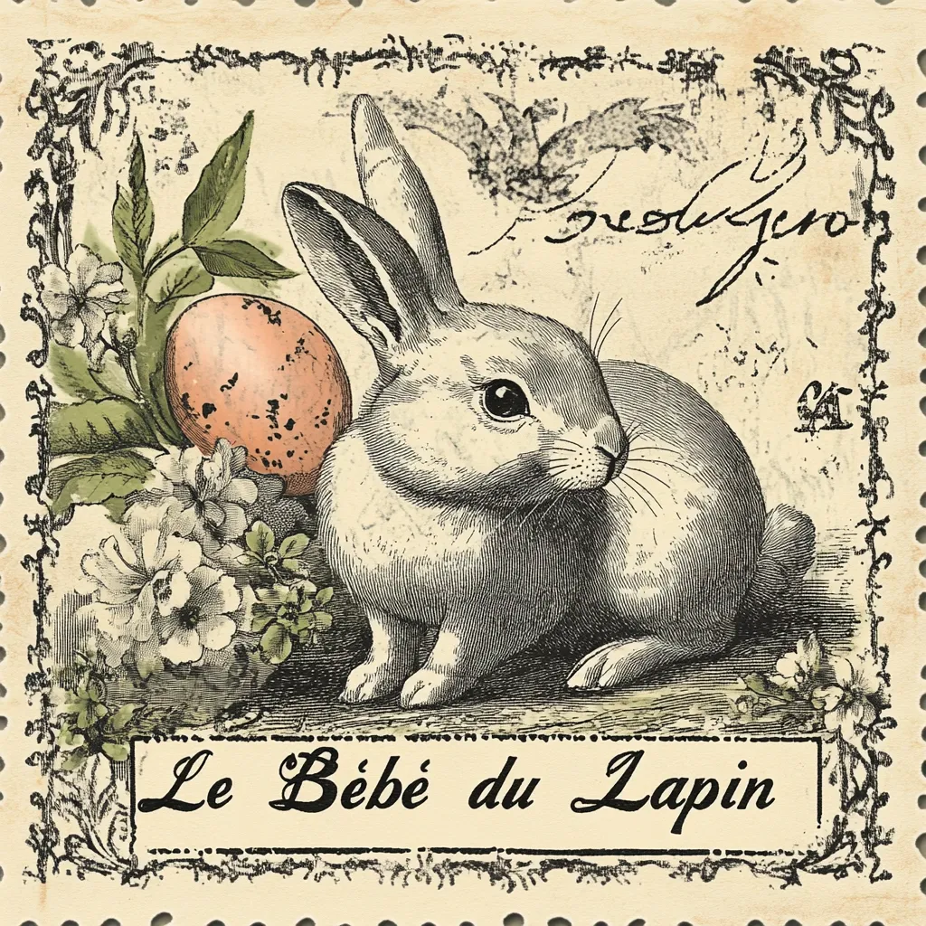 This image resembles a vintage postage stamp featuring a charming illustration.  A baby rabbit, rendered in a detailed, sepia-toned drawing style, sits amidst spring blossoms and a speckled egg. The stamp’s design includes ornate borders and flourishes, adding to its antique feel.  The text "Le Bébé du Lapin," meaning "The Baby Rabbit" in French, is prominently displayed below the illustration, enhancing its Easter-themed charm.  The overall style evokes nostalgia and a sense of old-world artistry.