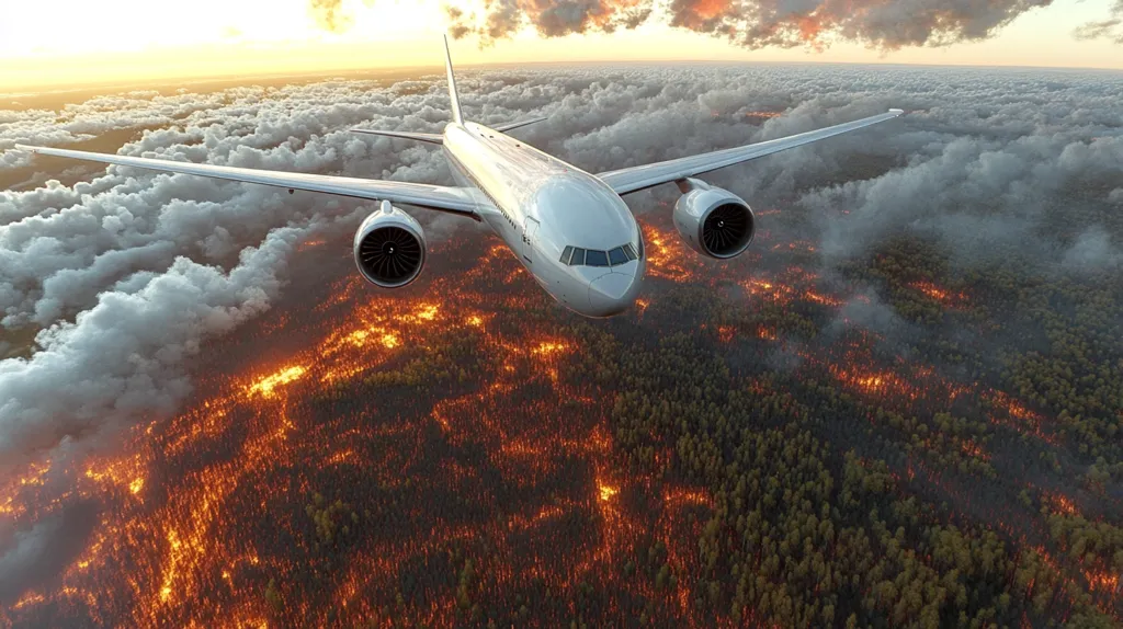 A large passenger jet flies over a vast, burning forest.  The plane is in the foreground, its white fuselage contrasting sharply with the fiery orange and black landscape below.  Smoke billows from the fire, mixing with clouds in the distance. The setting sun casts a warm glow on the scene, highlighting the scale of the wildfire and the plane's precarious flight path. The image evokes a sense of both the destructive power of nature and the vulnerability of human intervention.