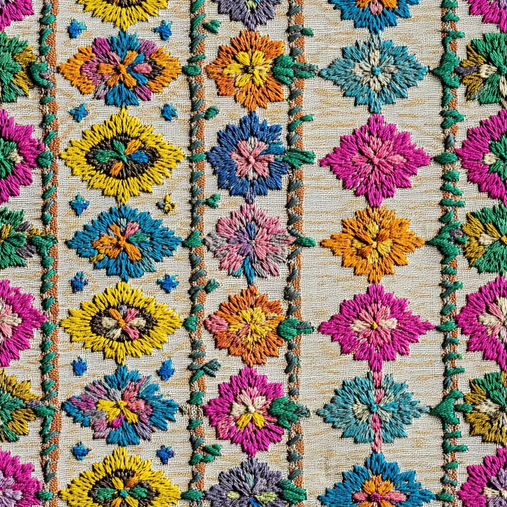 Here's a description of the image:

The image showcases a detailed close-up of vibrant embroidered fabric.  The textile features repeating patterns of multicolored flowers, arranged in vertical stripes separated by dark green stitching.  The flowers are predominantly in shades of pink, yellow, orange, and blue, created with a dense, textured embroidery style. The background fabric is a light beige, providing a neutral contrast to the colorful floral motifs. The overall effect is one of intricate craftsmanship and rich, festive color.