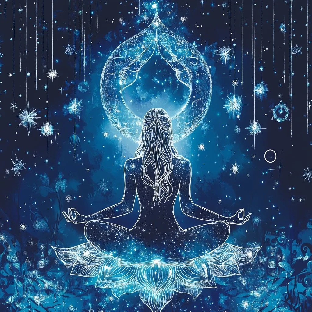 Here's a description of the image:

The artwork depicts a serene woman in a lotus yoga position, bathed in a celestial blue light.  She sits atop a glowing lotus flower, framed by an ornate, crescent moon-like halo.  The background is a deep blue, star-studded night sky with shimmering, falling lights resembling stardust or celestial rain. The overall style is ethereal and mystical, suggesting a connection between the woman and the cosmos.  The image evokes feelings of peace, tranquility, and spiritual enlightenment.