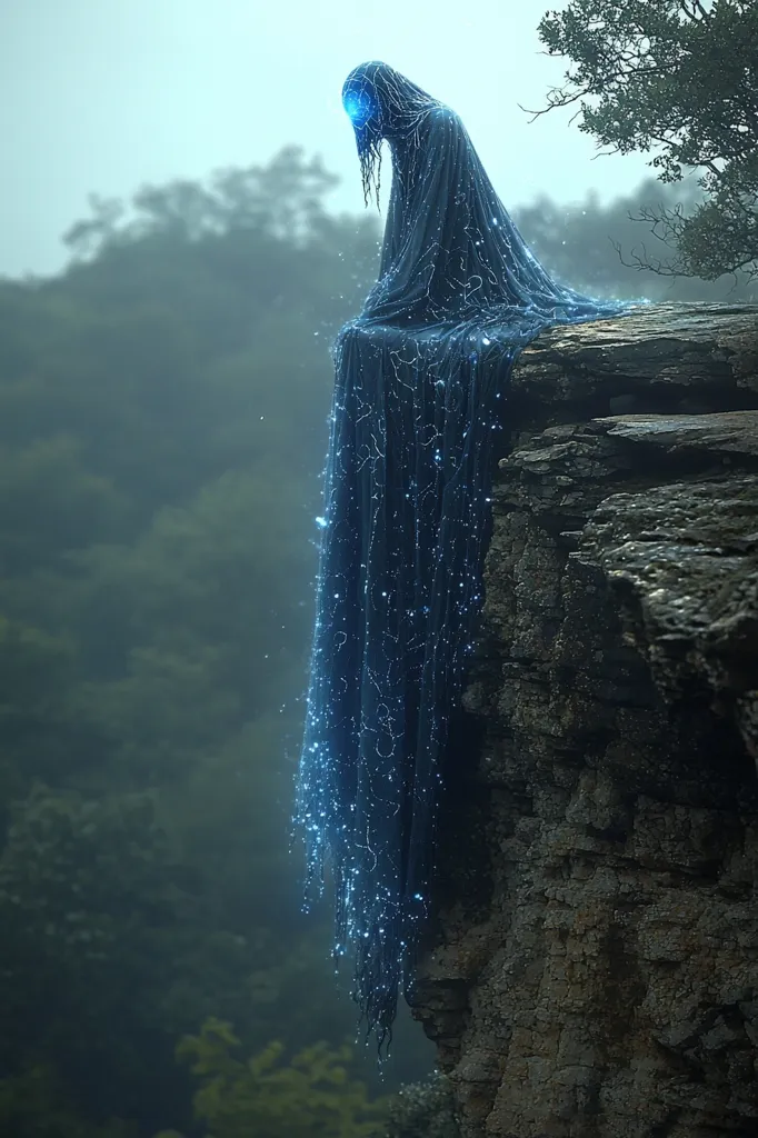 A digital artwork depicts a cloaked figure perched on a cliff edge.  The figure, seemingly ethereal, is draped in a dark, flowing garment illuminated by small, glowing blue lights.  Its head is bowed, and the overall mood is somber and mysterious. The background is a misty, dark forest, adding to the image's haunting and otherworldly atmosphere. The cliff face is rugged and textured, contrasting with the smooth flow of the figure's cloak. The scene is imbued with a sense of loneliness and contemplation.