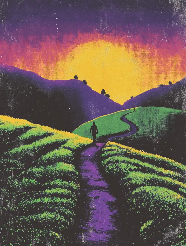 A vibrant, stylized landscape painting depicts a solitary figure walking a winding path through rolling hills.  The path, a deep purple, cuts through fields of stylized, luminous green vegetation.  A fiery sunset dominates the sky, a blend of oranges, yellows, and purples, creating a dramatic, almost otherworldly atmosphere.  The style suggests a print or poster, with a slightly textured, grainy effect adding to the overall artistic feel.  The scene evokes a sense of journey and peaceful solitude.
