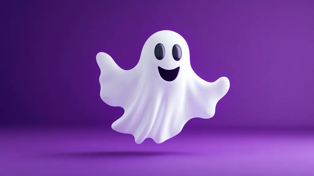 A cheerful, cartoon ghost floats against a solid purple background.  Rendered in a 3D style, the ghost is white with simple black eyes and a wide, happy grin. Its form is soft and flowing, giving it a playful, rather than frightening, appearance. The overall image is minimalist and evokes a fun, Halloween-themed aesthetic.