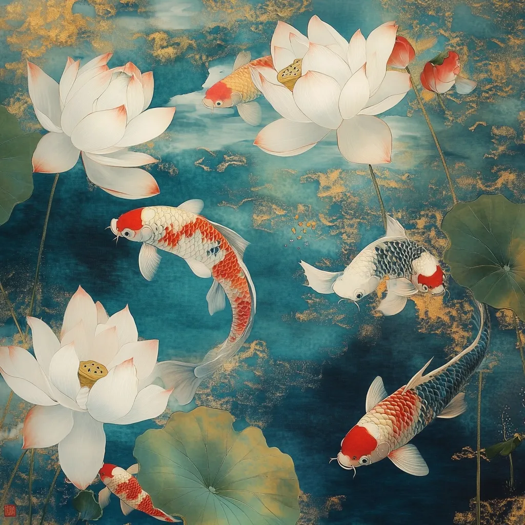 This artwork is a serene depiction of koi fish and lotus flowers.  Five vibrantly colored koi, featuring red, white, and black patterns, swim gracefully amidst large, pristine white lotus blossoms.  The teal-toned water is subtly textured, suggesting movement and depth.  Gold accents highlight the lotus stems and add a touch of elegance to the overall composition, creating a harmonious blend of nature's beauty. The style evokes traditional East Asian painting techniques.