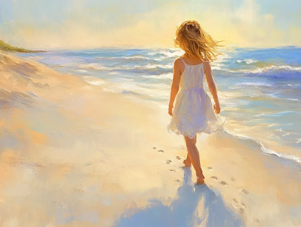 A young girl in a white dress walks away from the viewer along a sandy beach. The sun is low in the sky, casting a warm light on the scene. Soft, impressionistic brushstrokes create a dreamy atmosphere.  The gentle waves of the ocean lap at the shore, leaving footprints in their wake. The overall impression is one of peace and serenity.