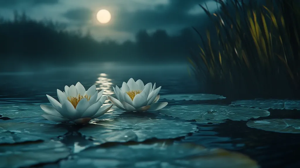Here's a description of the image:

Two pristine white water lilies, their petals delicately unfurled, float serenely on a moonlit pond.  The water is dark and still, reflecting the soft glow of the moon hanging high in the night sky.  A hazy mist hangs low over the water, adding to the tranquil atmosphere.  Tall grasses line the pond's edge, creating a shadowy backdrop against the luminous moon. The overall mood is one of peaceful serenity and natural beauty.