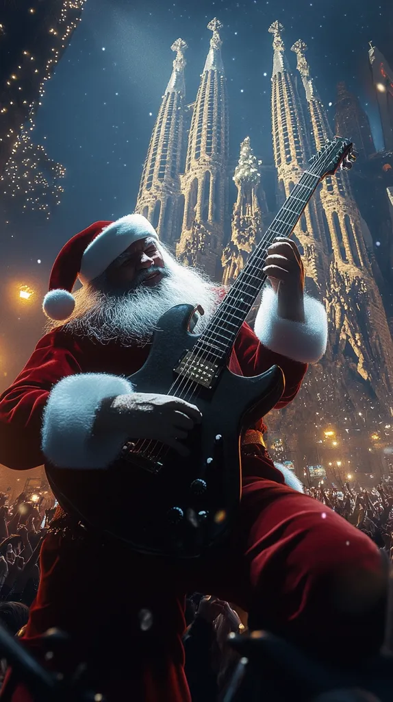Here's a description of the image:

The image depicts a rock 'n' roll Santa Claus, clad in a traditional red suit, passionately playing an electric guitar.  He's positioned before a large, cheering crowd, with the majestic Sagrada Família in Barcelona's Gothic Quarter forming a dramatic backdrop under a night sky dusted with snow.  The scene is vibrant, blending the festive spirit of Christmas with the energy of a live music performance.  The contrast between the iconic religious architecture and the rebellious rock star Santa is striking and memorable.