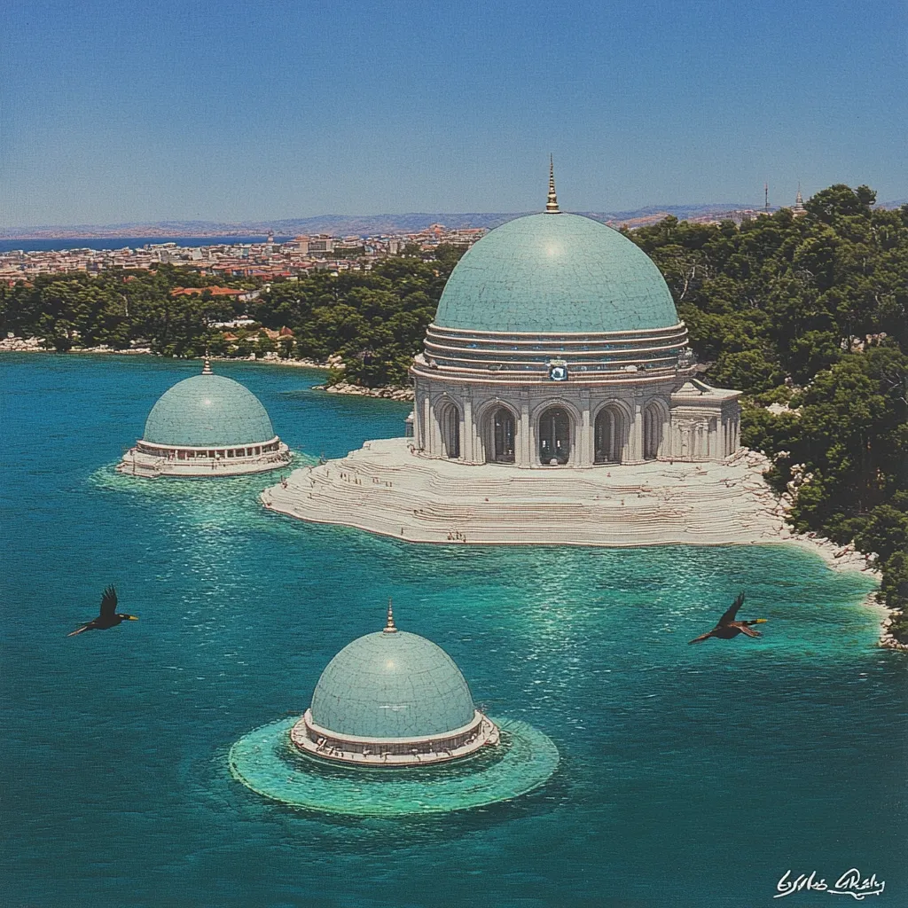 Here is a description of the image:

An aerial view showcases three domed structures nestled in a tranquil turquoise body of water. The largest, a majestic edifice with a teal dome and classical architecture, sits centrally, its steps leading down to the water's edge. Two smaller, similarly domed structures flank it, one on either side.  The water is exceptionally clear, with a sandy shoreline visible behind the main building. Lush green trees and a distant cityscape form a picturesque backdrop under a vibrant blue sky. Two dark birds are in flight above the water, adding a touch of life to the scene. The overall aesthetic is serene and almost surreal, hinting at a place of tranquility and perhaps fantasy.