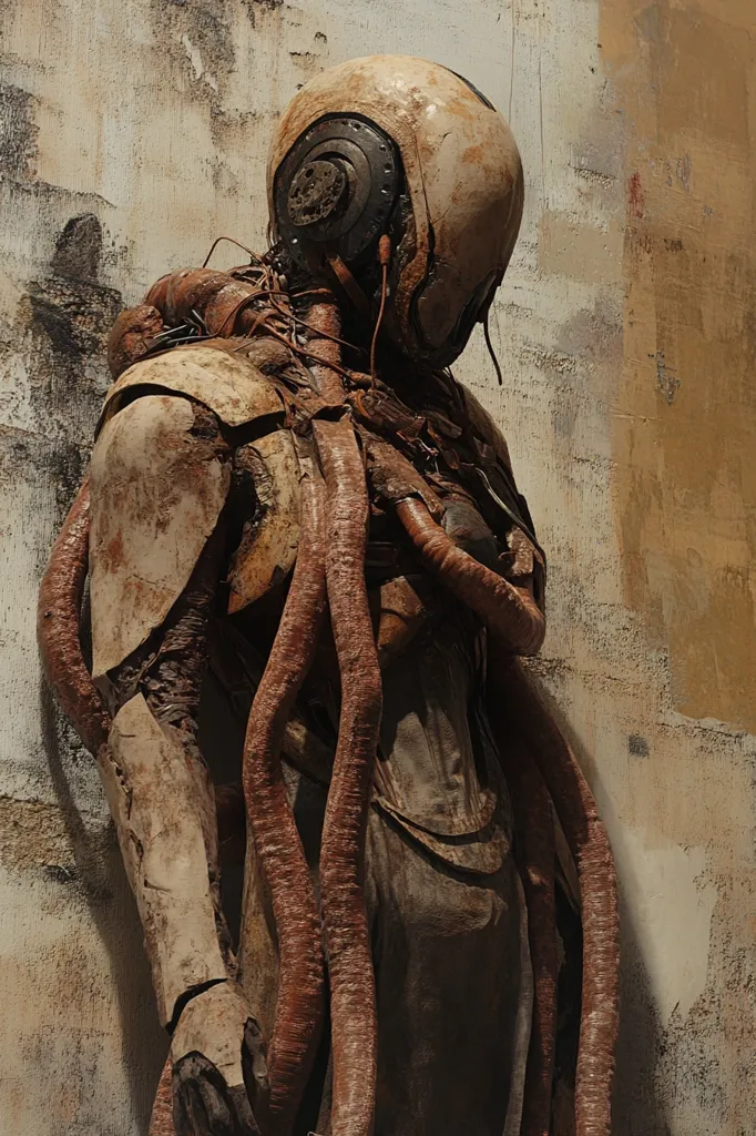 Here's a description of the image:

The image shows a weathered, almost decaying robotic figure, possibly humanoid, leaning against a textured, off-white wall.  The robot's surface is heavily textured, appearing worn and aged, with a palette of browns and tans dominating.  Thick, organic-looking tubes or wires, a reddish-brown color, encircle its torso. Its helmet is partially obscured, suggesting a sense of mystery or deactivation. The overall aesthetic is one of post-apocalyptic ruin or forgotten technology, blending organic and mechanical elements. The background wall is rough and distressed, contributing to the overall desolate mood.