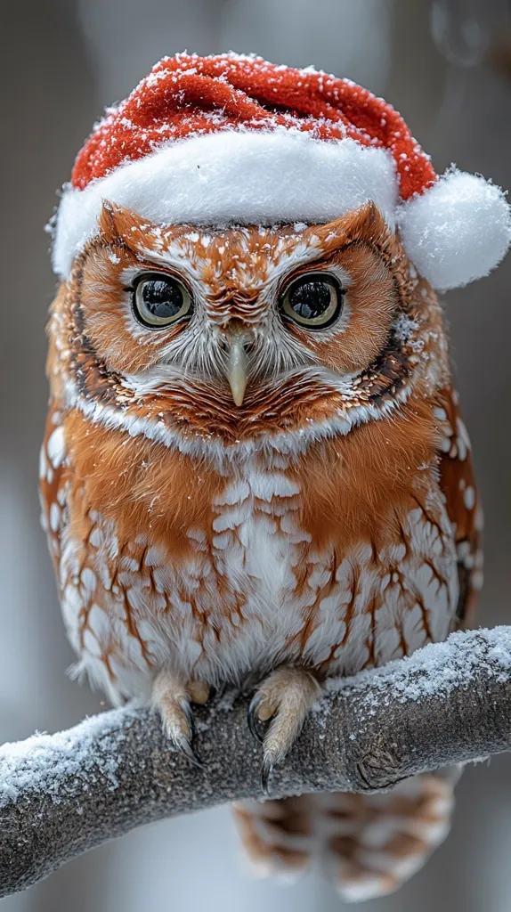 Here's a description of the image:

A close-up shot reveals an adorable owl perched on a snow-dusted branch.  The owl, adorned with a miniature Santa hat speckled with snow, displays striking orange and white plumage. Its large, captivating eyes gaze directly at the viewer. The snowy background adds to the festive winter scene, creating a charming and heartwarming image. The owl's sharp talons grip the branch securely, showcasing its wild nature amidst the holiday cheer.
