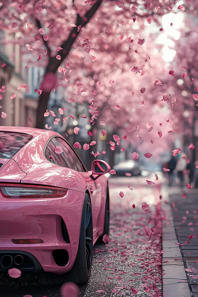 Here's a description of the image:

A vibrant pink Porsche sits on a city street, partially obscured by a flurry of falling pink cherry blossoms.  The car is parked, showcasing its sleek design and glossy paint. The background is blurred but shows a street lined with cherry blossom trees in full bloom, creating a dreamy, romantic atmosphere.  The pink petals blanket the ground and air, enhancing the overall pastel aesthetic of the scene. The image evokes a feeling of springtime and delicate beauty.