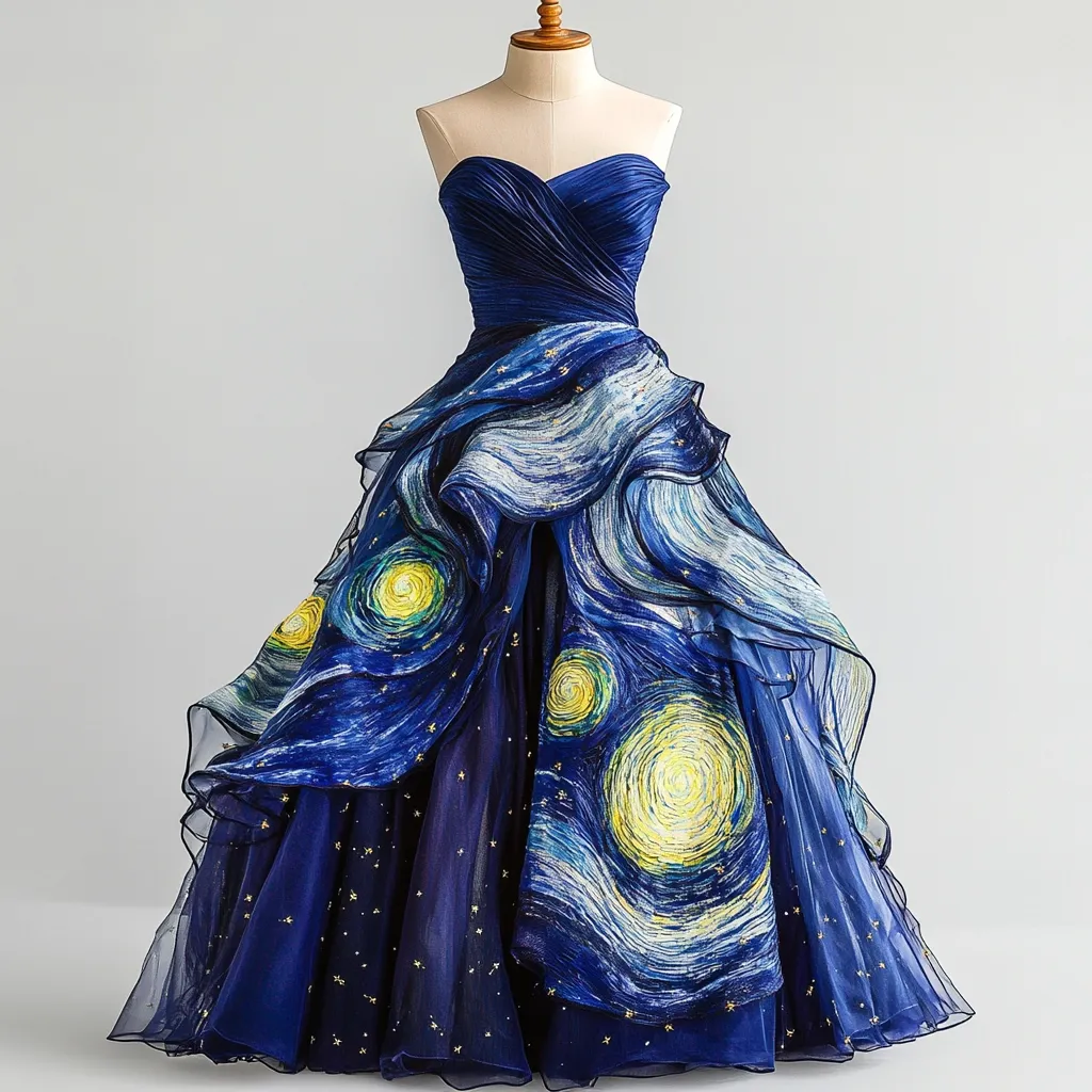 A stunning strapless gown in deep blue organza features a breathtaking design inspired by Van Gogh's "The Starry Night."  The bodice is fitted, transitioning into a voluminous skirt with artfully arranged ruffles. The swirling brushstrokes of the painting are beautifully recreated across the skirt, with vibrant yellow suns and twinkling stars interspersed against the dark blue background.  The dress is displayed on a mannequin against a plain white backdrop, showcasing its intricate details.