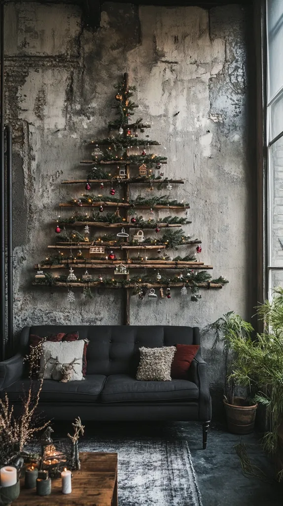 A rustic Christmas scene unfolds against a textured, grey concrete wall. A unique Christmas tree, crafted from branches and adorned with ornaments and fairy lights, is mounted directly onto the wall.  A dark grey sofa sits below, featuring cozy cushions. The room’s ambiance is enhanced by a low coffee table with candles, and a potted plant adds a touch of greenery to the dark, moody setting.  The overall style is industrial chic with a Christmas twist.
