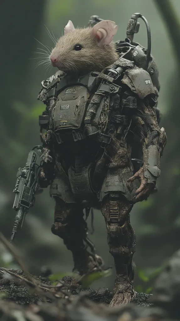 Here's a description of the image:

The image shows a digitally rendered scene of a rat wearing a heavily weathered, dark-green military exoskeleton. The rat's head and shoulders are visible, with the exoskeleton extending down to what appear to be articulated legs and feet. The suit is highly detailed, showing signs of wear and tear, and mud or grime. The rat is holding a futuristic-looking assault rifle. The background is blurred but depicts a dark, verdant forest. The overall style is dark and gritty, suggesting a post-apocalyptic or dystopian setting.  The juxtaposition of a small rat in a large, powerful suit creates a striking visual effect.