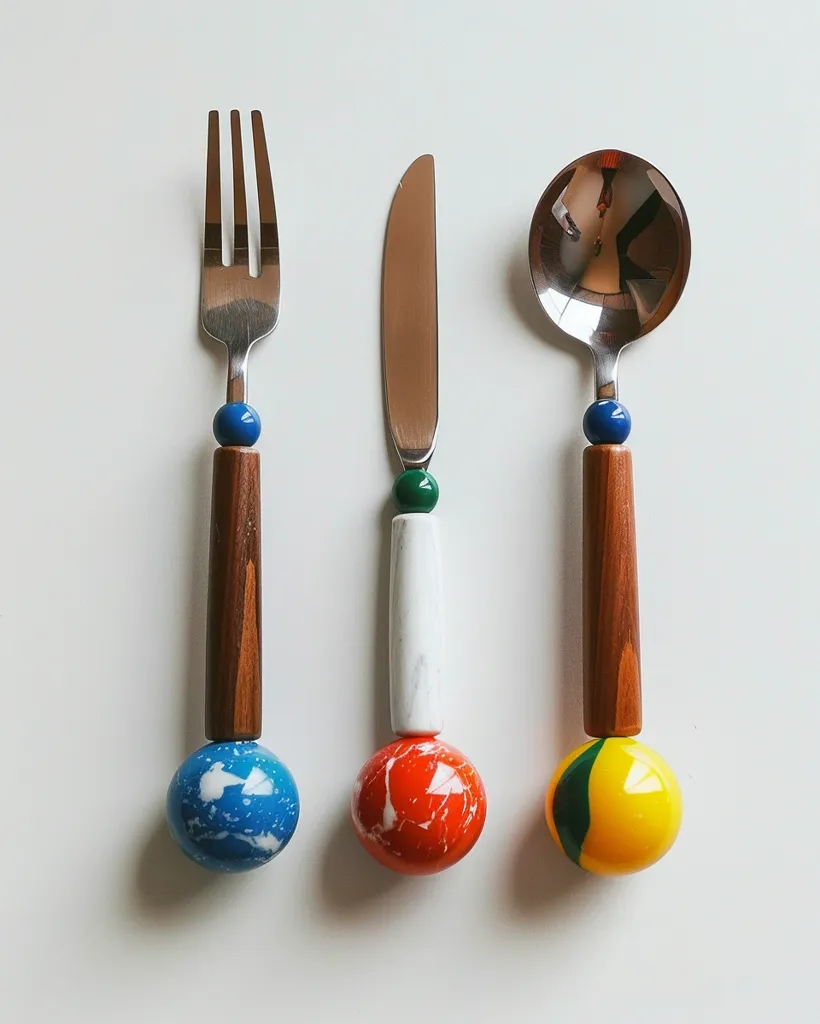 Here's a description of the image:

The image shows a set of three uniquely designed pieces of cutlery arranged vertically against a white background.  A fork, knife, and spoon are each fitted with a dark brown wooden handle, separated by colorful spherical accents. The spheres are distinct:  blue with white swirls, orange with white swirls, and yellow with green swirls, respectively.  The metallic parts of the cutlery are polished and reflect light. The overall aesthetic is modern and playful, combining sleek metal with vibrant, artistic handles.
