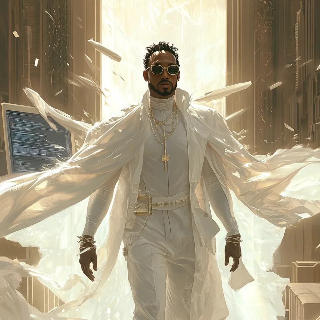 A stylized digital portrait depicts a man in a flowing white robe and sunglasses.  He has dark skin and short, dark curly hair, and wears gold chains and a belt.  The robe billows dramatically, suggesting movement.  The background is a muted gold, with architectural elements and fragmented shapes adding to a sense of ethereal, possibly futuristic, environment.  A computer screen displaying code is partially visible in the background. The overall aesthetic is one of stylish power and enigmatic mystery.