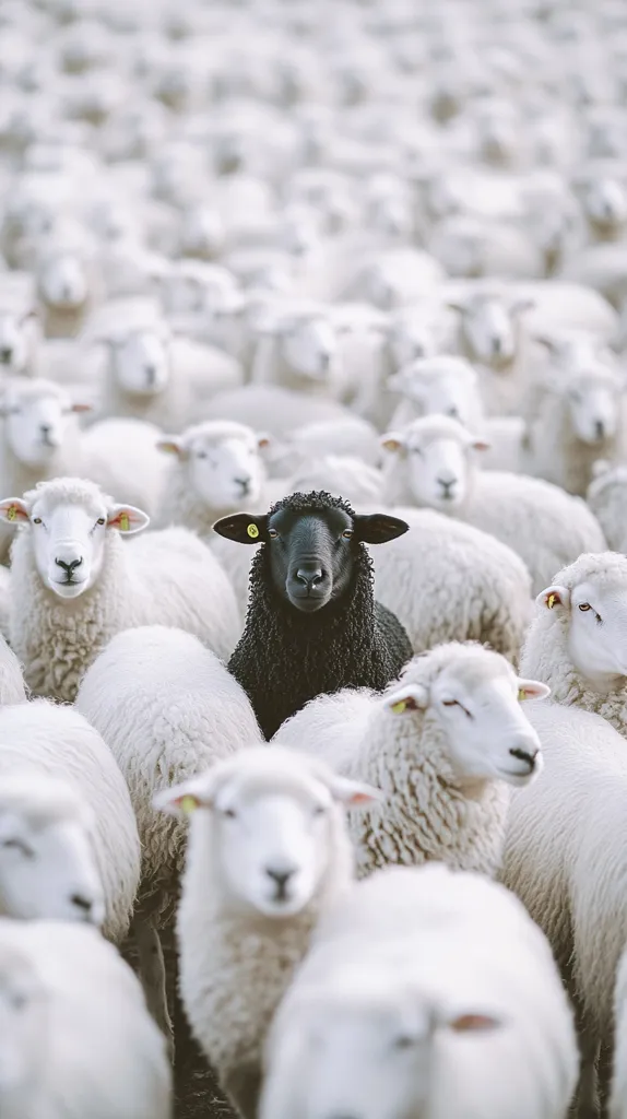 A single black sheep stands out amidst a large flock of white sheep.  The black sheep is centrally positioned, its dark wool contrasting sharply with the surrounding whiteness.  The image suggests themes of individuality, standing out from the crowd, and nonconformity.  The flock extends to the edges of the frame, creating a sea of white that emphasizes the black sheep's unique presence.  Yellow ear tags are visible on some of the sheep.