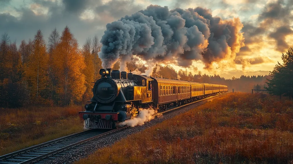 A vintage steam train, billowing dark smoke, traverses a railway line at sunset.  The train, a dark green and black locomotive pulling numerous passenger cars, moves through a landscape of autumnal colors.  Golden-hued trees line the track, their leaves ablaze in the warm light of the setting sun, creating a picturesque and nostalgic scene. The sky is a dramatic mix of clouds and fiery orange hues.