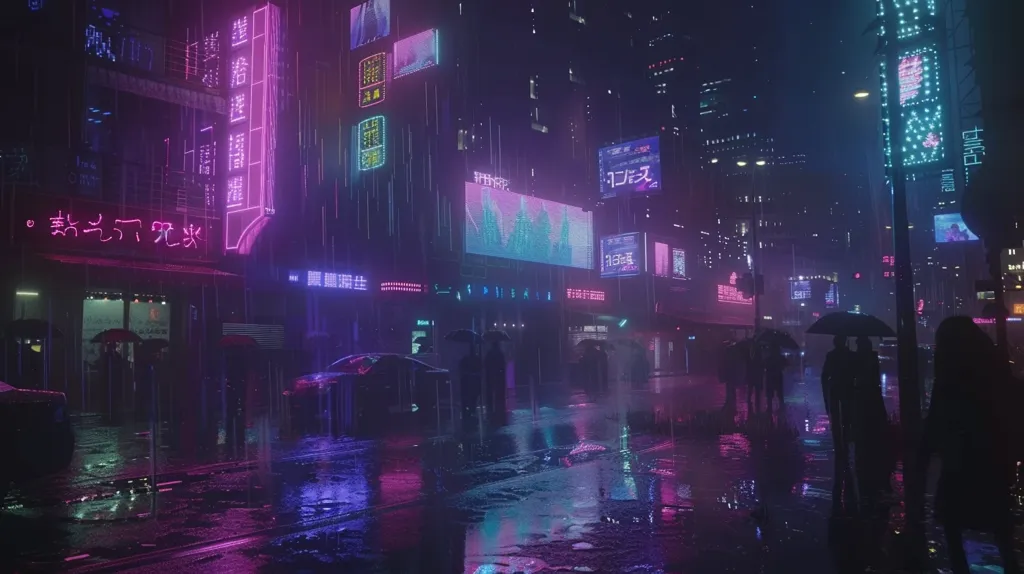 Here's a description of the image:

A rain-slicked, neon-drenched cityscape at night dominates the scene.  Buildings are densely packed, their surfaces adorned with vibrant pink, purple, and teal signs in a mix of languages, suggesting a futuristic Asian setting.  People, mostly silhouetted under umbrellas, navigate the wet streets.  Reflective puddles mirror the city lights, creating a vibrant, almost surreal atmosphere. The overall mood is dark, atmospheric, and evocative of cyberpunk aesthetics.