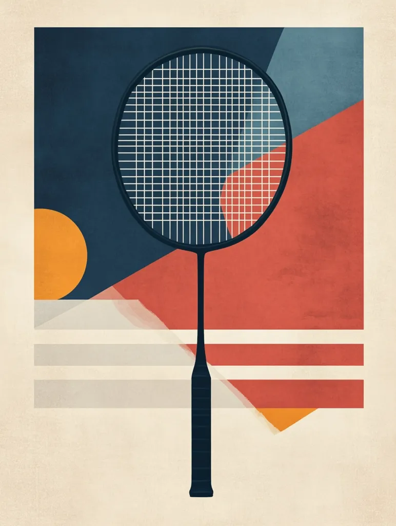 A badminton racket is centrally positioned against an abstract background. The racket is black with a tightly strung head, sharply contrasted against a geometric backdrop of muted blues, reds, and oranges. These colors are arranged in irregular shapes, suggesting a landscape or abstract design. Subtle off-white horizontal bands separate the color blocks near the bottom, adding to the image's minimalist aesthetic. The overall style is modern and graphic.